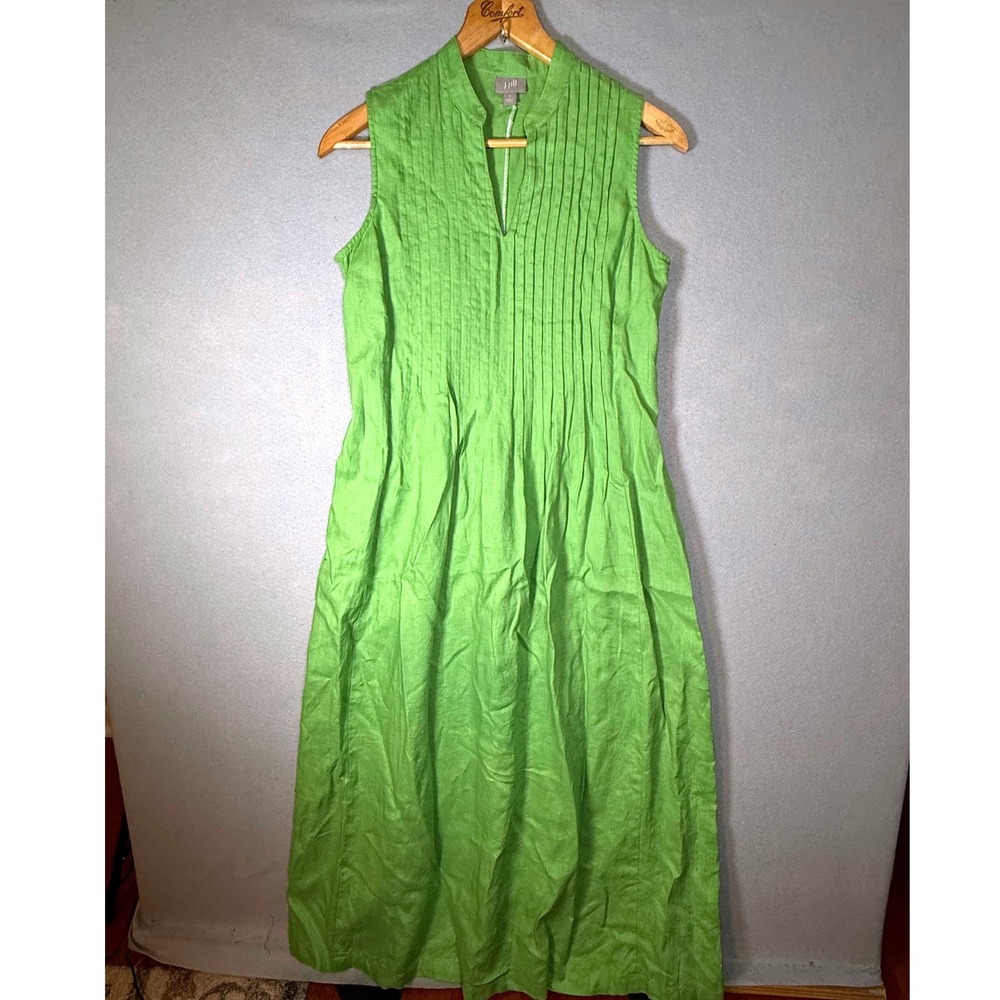 J. Jill 100% Linen Pintuck Pleated Sleeveless Maxi Dress Green Coastal Women's S